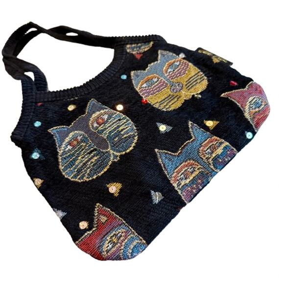 Laurel Burch Black Fabric Sequin Cat Face Hand Bag - Picture 3 of 6